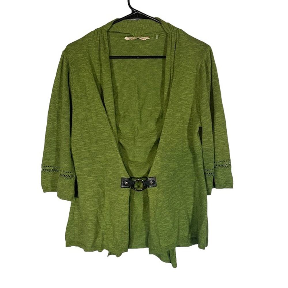 Soft Surroundings Green Long Sleeve Linen Blend Belted Knit Cardigan Women Sz M